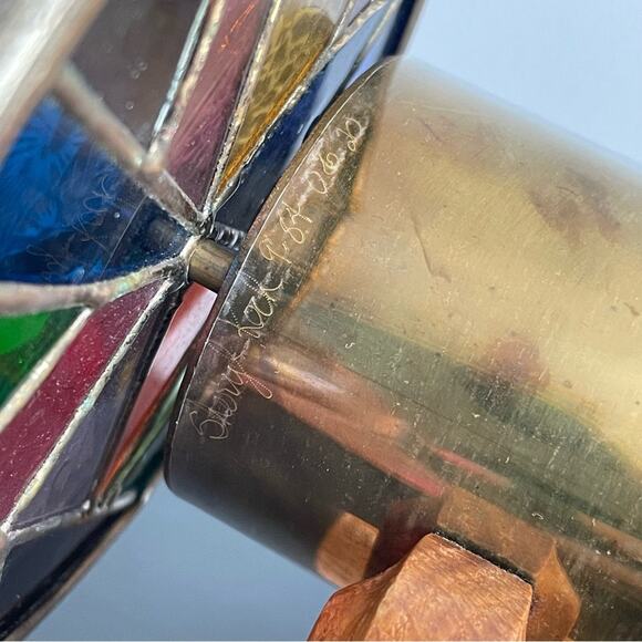 VTG | Large Signed Sheryl Koch Brass Kaleidoscope Two Wheels Stained Glass 1984 - Picture 7 of 10